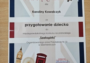 Dyplom cioci Karoliny za przygotowanie dzieci do udziały w konkursie recytatorskim z języka angielskiego.