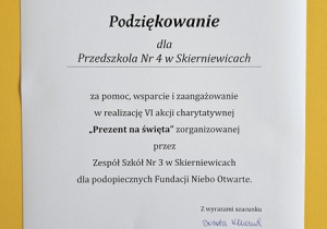 Podziękowanie za udział w akcji charytatywnej Prezent na święta.