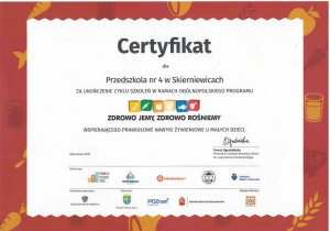 Certyfikat za udział w programie "Zdrowo jemy, zdrowo rośniemy"