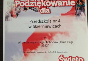 Podziękowanie dla Przedszkola nr 4 za udział w Dniu Flagi