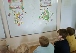 Dzieci rozpoznają i nazywają owoce i warzywa znajdujące się na obrazkach.