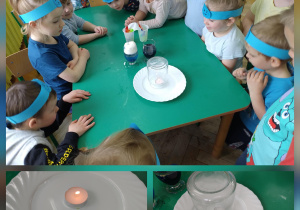 Eksperyment z wodą i świeczką uświadamiający, że ogień potrzebuje tlenu aby mógł się palić.