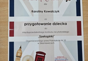 Dyplom cioci Karoliny za przygotowanie dzieci do udziały w konkursie recytatorskim z języka angielskiego.