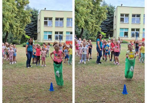 Dzieci ścigają się w workach.