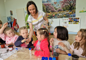 Dzieci sprawdzają paluszkami, jaka jest w dotyku pożywka dla roślin.