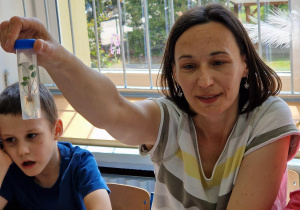 Dzieci oglądają truskawkę z rozwiniętymi korzeniami w probówce laboratoryjnej.