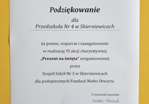 Podziękowanie za udział w akcji charytatywnej Prezent na święta.