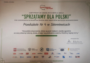 Certyfikat za udział w IV edycji akcji "Sprzątamy dla Polski"