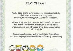 Certyfikat za udział w programie "Dzieciaki Mleczaki"